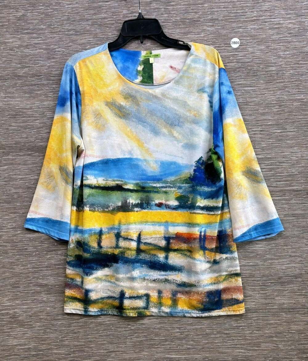 Trisha Tyler Blouse Womens Size L Multicolor Art Landscape 3/4 Sleeve Tunic Top